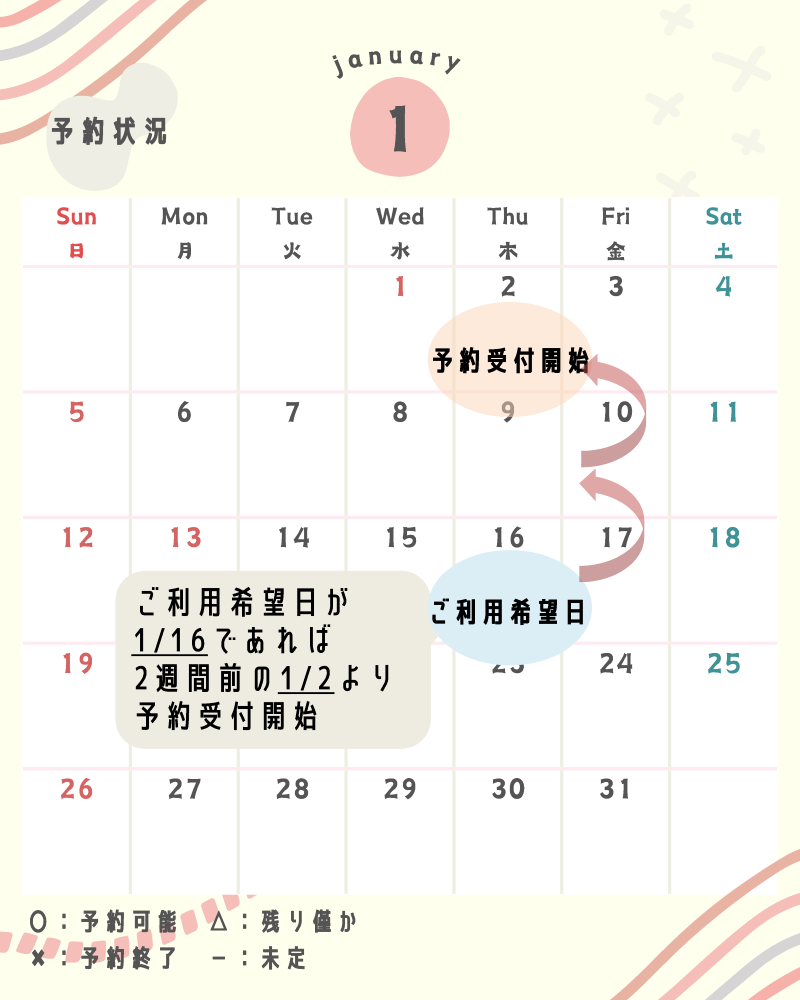 産後ケアはご利用希望日の2週間前から予約が可能となります